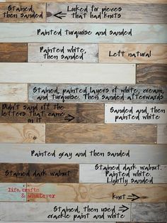 some wood planks with different types of paint and words written on the top one