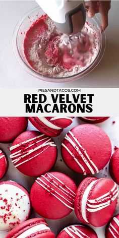 red velvet macarons are being made with an electric hand mixer and then decorated with white icing