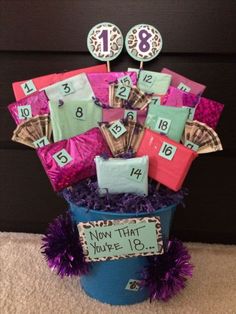 a bucket filled with lots of candy and some kind of numbers on top of it