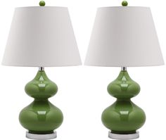 two green lamps sitting next to each other on top of a white table lamp shade