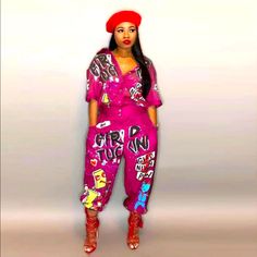 Eye Catcher Pink Baggy Hip Hop Pants, Baggy Pink Hip Hop Pants, Casual Pink Pants With Graphic Print, Casual High Waist Pink Jumpsuits And Rompers, Casual Pink High-waist Jumpsuits And Rompers, Graffiti Pants, Cream Jumpsuit, Tube Top Jumpsuit, Capri Jumpsuit