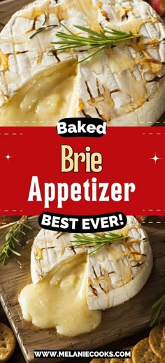 baked brie appetizer on a cutting board with rosemary sprigs