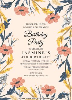 an elegant birthday party card with flowers and leaves on the front, in peach tones