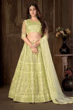 Net Embroidery Lehenga Choli In Pista Green Colour - LD5690052 Yellow Dupatta, Blouse Lehenga, Yellow Lehenga, Stitched Lehenga, Blouse Details, Net Blouses