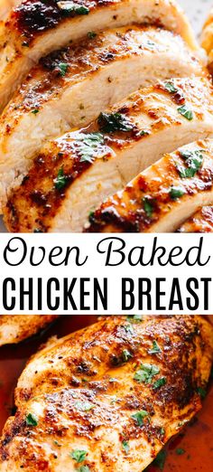 grilled chicken breast on a plate with text overlay that reads, oven baked chicken breast