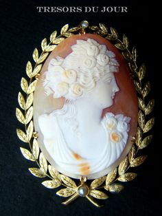 Antique Large Shell Cameo with 18kt Gold Frame and pearls; French c. 1900 by TresorsDuJour Wreath Frame, Napoleon Iii, Laurel Wreath, Cameo Pendant, Frame Wreath, Natural Pearls, Gold Frame, Wreath