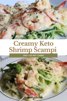 creamy keto shrimp scampi on a white plate