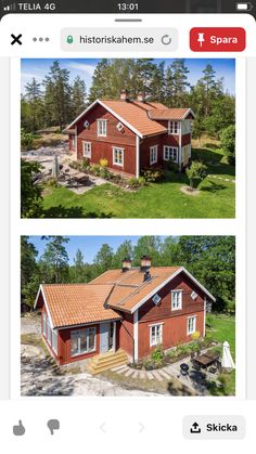 two pictures of a red house in the middle of an open field with trees and grass