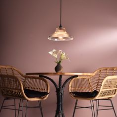 two wicker chairs sitting at a table with a vase of flowers on the table