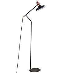 a black floor lamp with a metal base and two lights on each side, one light is