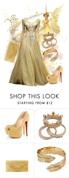 a woman in a gold dress and heels with accessories on the bottom, along with text that reads shop this look starting from $ 31