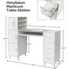 an image of a white desk with drawers and shelves on the bottom, measurements for each drawer