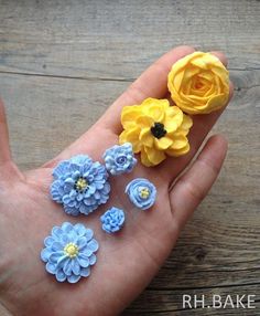 small yellow and blue flowers are in the palm of someone's hand