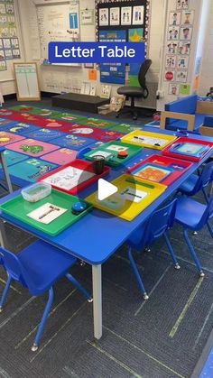 a classroom with tables, chairs and bulletin boards on the walls that read letter table