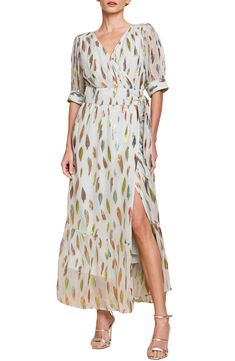 CIEBON Whitney Metalllic Print Wrap Dress | Nordstrom Over 60 Wedding Guest Attire, Bohemian Wrap, Eliza Dress, Midi Wrap Dress, Dress For Wedding, Wedding Guest Outfit Summer, Printed Wrap Dresses, Capped Sleeve Dress, Wrap Dress Floral