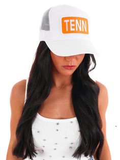 Step up your hat game with the TENN Embroidered Patch Trucker Hat. The iconic TENN patch adds a touch of cool to this classic trucker style, making it a must-have for any casual outfit. Get ready to turn heads and rep your love for TENN in style! Cotton Trucker Snapback Hat For Summer, Summer Cotton Trucker Hat With Logo Patch, Casual Trucker Hat For Sports Events In Spring, White Summer Hats With Logo Patch, White Patches Trucker Hat, White Cotton Trucker Hat With Logo Patch, White Trucker Snapback Hat With Patches, Hip Hop Trucker Hat With Visor For Summer, Retro White Hat With Logo Patch