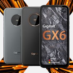 three smartphones with the text gigast gx6 on them and an orange background