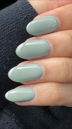 Solid Green Almond Nails, Solid Colour Nails Almond, Plain Colour Gel Nails, Solid Colours Nails, Pale Color Nails Acrylic, Solid Nail Color Ideas By Skin Tone Range, Nails Solid Color Acrylic, Sage Blue Nails, Almond Shape Nails Color