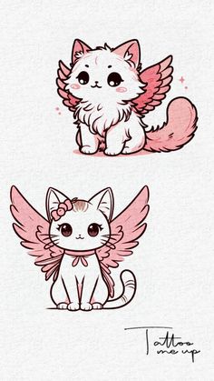 two drawings of cats with angel wings on the top and bottom, one in pink