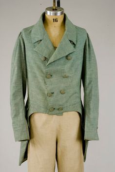 Gent's Green  White Checked Tail Coat, 1825 -1845 - Lot 64 $1,840 1830 Fashion, Regency Mens Fashion, Gothic Regency, Regency Men, Tail Coat, Tasha Tudor