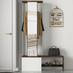 an open closet with shoes and handbags hanging on the wall next to a coat rack