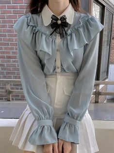 ❤︎Chiffon ribbon ruffle shirt❤︎ Academia Blouse, Light Academia Fashion, Japanese Kawaii Fashion, Casual Academia, Academia Outfits, Chiffon Blouses, Style Kawaii, Mori Girl Fashion, Academia Fashion