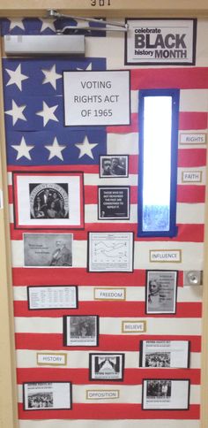 a door decorated with an american flag and some pictures on the front, along with information about black history month