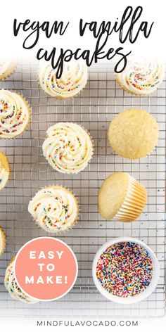 vegan vanilla cupcakes with white frosting and sprinkles on a cooling rack