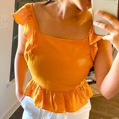 New Yellow Crop Top With Ruffles. It Has A Very Pretty Back Design. Ruffled Crop Top, Long Sleeve Peplum Top, Batwing Blouse, Romantic Tops, Top With Ruffles, Yellow Crop Top, Pink Long Sleeve Shirt, Balloon Sleeve Blouse, Grey Blouse