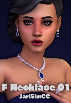 a woman wearing a necklace and earrings with the words necklace 01 in front of her face