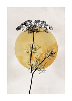 a painting of a plant with the moon in the background