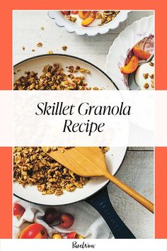 a bowl filled with granola next to plates of fruit