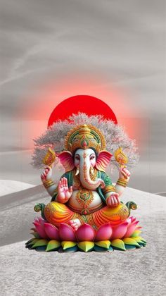 an elephant statue sitting on top of a snow covered ground next to a red sun