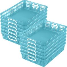 three blue plastic baskets sitting next to each other