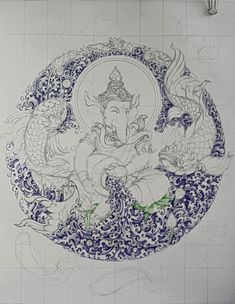 a drawing of an elephant sitting on top of a blue and white circle with fish around it