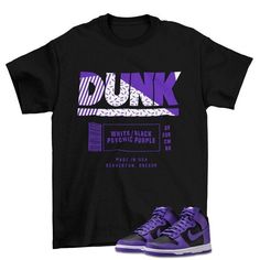 Box Label Dunk High Psychic Purple Sneaker Matching Tee Shirt  The unisex heavy cotton tee is the basic staple of any wardrobe. It is the foundation upon which casual fashion grows. All it needs is a personalized design to elevate things to profitability. The specially spun fibers provide a smooth surface for premium printing vividity and sharpness. No side seams mean there are no itchy interruptions under the arms. The shoulders have tape for improved durability. .: 100% cotton (fiber content may vary for different colors) .: Medium fabric (5.3 oz/yd² (180 g/m .: Classic fit .: Tear-away label .: Runs true to size Our custom designs are printed on Gildan t-shirts/sweatshirts. This is a custom item. We do not start production on this item until you make your purchase. *Please message us be Urban Purple Cotton T-shirt, Urban Style Purple Cotton T-shirt, Purple Letter Print T-shirt For Streetwear, Casual Purple T-shirt For Streetwear, Purple Cotton Hip Hop Tops, Purple Graphic T-shirt For Streetwear, Purple Graphic Design T-shirt For Streetwear, Purple Casual T-shirt For Streetwear, Pre-shrunk Purple Shirt For Streetwear