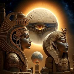 an egyptian scene with the eye of horus and two sphinx heads in front of a full moon