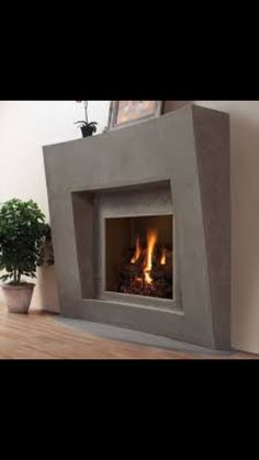 a fire place sitting on top of a wooden floor next to a potted plant