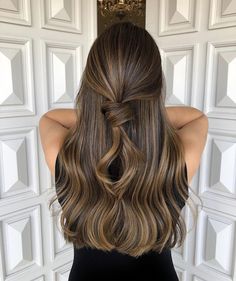 the back of a woman's head with long, wavy hair