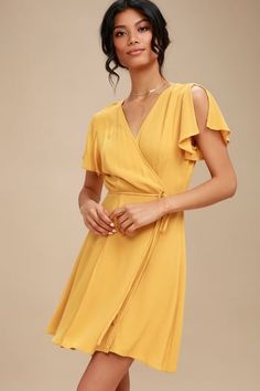 Find a Trendy Women's Yellow Dress to Light Up a Room | Affordable, Stylish Yellow Cocktail Dresses and Formal Gowns Yellow V-neck Dress For Casual Wear, Solid Spring Mini Dress, Fitted Wrap Dress For Spring, V-neck Dress For Dress Down, Yellow V-neck Mini Dress For Dress Down Occasions, Yellow V-neck Mini Dress For Casual Wear, Yellow Short Sleeve Dress For Date Night, A-line Dress For Brunch, Yellow V-neck Casual Dress