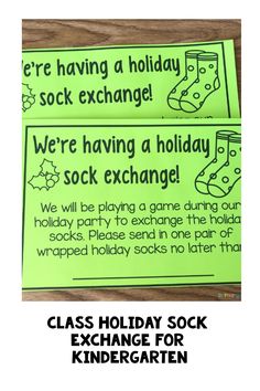 Announcement for a kindergarten holiday sock exchange event with instructions. Class Holiday Party, Christmas School Party, Socks Exchange, Holiday Socks, Pre K Activities, Christmas School, School Party, School Parties, Party Activities