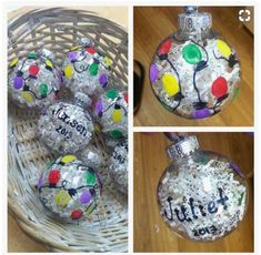 there are many ornaments in the basket on the table and one is made out of paper mache