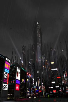 an animated cityscape with skyscrapers and billboards lit up in the rain