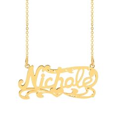 Whimsical and romantic, this 14K Gold diamond etched nameplate features a looping, heart adorned tail that swirls around the entire nameplate like a dream. With the ability to accommodate up to 12 characters, you can personalize this nameplate to feature any name, nickname, or word of your choosing. The lovely curling tail featured in this nameplate is also accented by tiny diamond etchings that adds even more gleam to the already glimmering 14K Gold used. This diamond etched nameplate includes an 18" Link Chain that perfectly complements the design. Size: one size.  Gender: female.  Age Group: adult. Fancy Script, Nameplate Necklace, Tiny Diamond, Infinity Symbol, Name Plate, Name Necklace, Diamond Cut, Link Chain, Heart Necklace