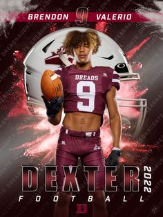 a football player holding a ball in front of a red and white background with the words dexter