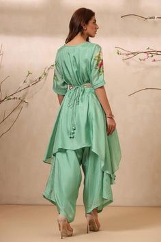 Shop for Koashee by Shubitaa Green Bamberg Silk Floral Print Tunic And Dhoti Pant Set for Women Online at Aza Fashions Traditional Silk Sharara For Spring, Designer Silk Tunic Set, Traditional Drape Silk Palazzo Set For Spring, Bohemian Fitted Silk Salwar Kameez, Traditional Silk Pant Set For Spring, Fitted Silk Bohemian Salwar Kameez, Silk Anarkali Tunic Sets, Raw Silk Traditional Drape Sets For Spring, Silk Tunic Sets With Dupatta