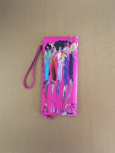 "Original 1/1 Franco Mondini-Ruiz one of a kind   \"Party of 5\" pink leather clutch handbag. Bonus painting on the back \"Ms. Thang\"! High end retailer handbag with art from Franco Mondini-Ruiz. Unique one of a kind leather clutch. 4.5\"H x 10.3\"W x 1\"D" Pink Rectangular Clutch With Removable Pouch, Pink Handheld Clutch For Everyday Use, Luxury Pink Rectangular Clutch, Designer Pink Clutch For Party, Pink Pouch Clutch For Mobile Phone, Evening Pink Bags With Card Slots, Pink Evening Bags With Card Slots, Pink Clutch With Mobile Phone Bag For Gift, Pink Clutch With Card Slots For Everyday Use