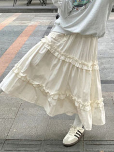 ⚡️Buy Pleated Elastic Waist Fungus Splice Tiered Midi Skirt White ONE SIZE under $39.00 in Midi Skirts Online. Style: Casual/Street/Sweet/Vintage/Preppy. Fabric Content: Polyester. Fit Type: Loose Fit. Length: Midi Skirt. ✓Free Shipping on all orders over US$69. Preppy Fabric, Midi Skirt Pattern, Fluffy Skirt, Lace Trim Blouse, Tiered Midi Skirt, Bandeau Crop Top, Denim Short Dresses, Vintage Preppy, Flare Leg Pants