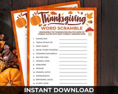 a thanksgiving word scramble with pumpkins and corn on the cob in front of it