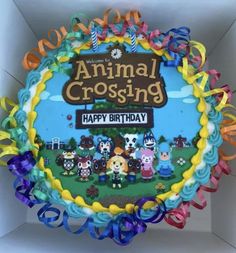 an animal crossing birthday cake in a box